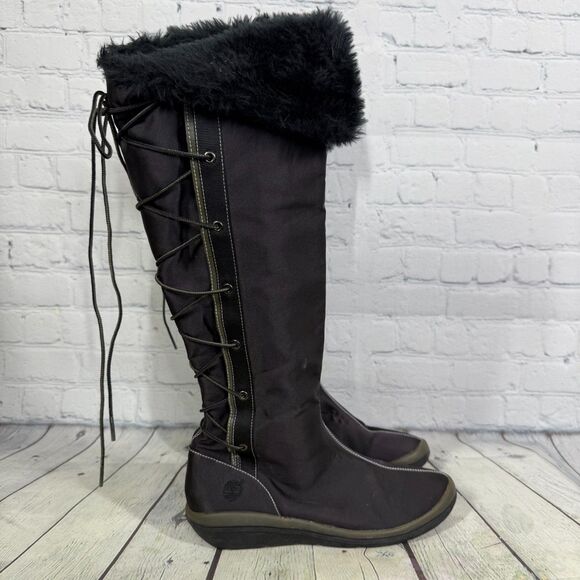 Timberland Knee High Boots Women's Size 9 1/2 M Canvas Faux Fur Waterproof Lace - Picture 1 of 16